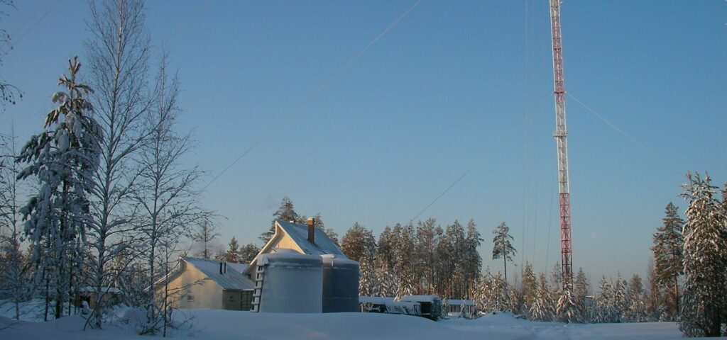 ZOTTO House Bunker and 304m Tower in Siberia in Winter with snow and blue sky