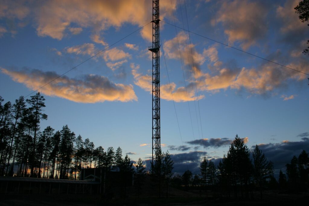 Zotto tower in the evening with orange clouds